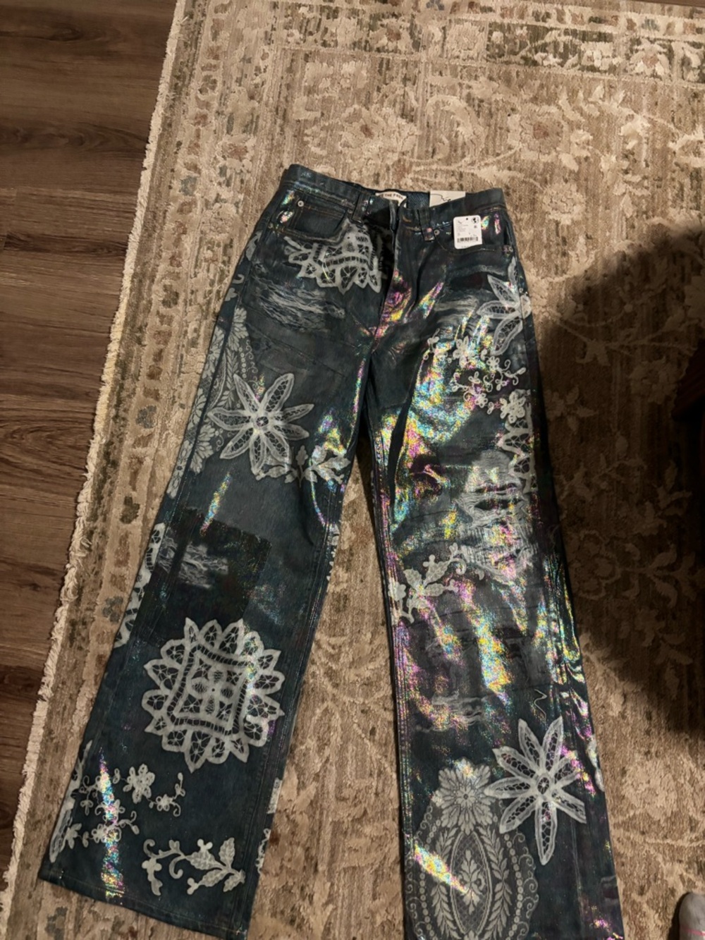 We The Free Iridescent Black Floral Wide Leg Jeans
